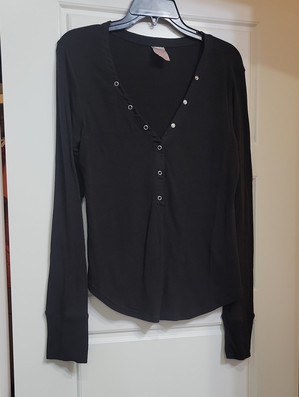 No Boundaries Black Long-Sleeve Henley Top with Snap Placket